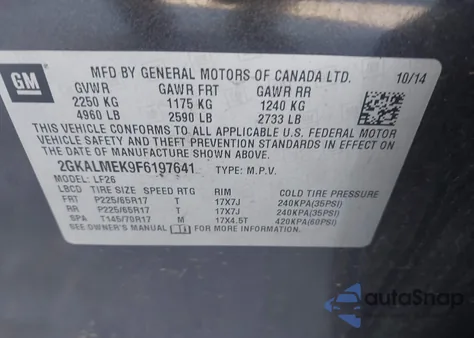 2015 GMC Terrain Sle-1 z USA, uszkodzony, nr VIN 2GKALMEK9F6197641